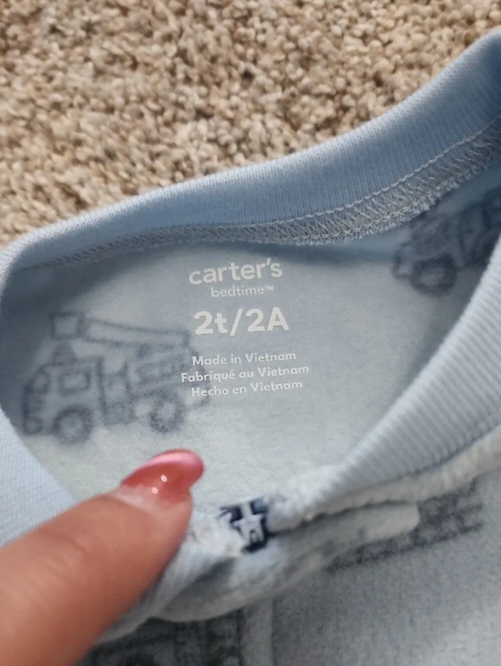 NWT 2T Carter's Light Blue Footed One-Piece with Red Firetruck Applique